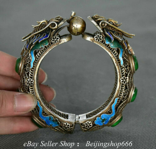 3.8" Old Chinese Silver Inlay Jade Fengshui Double Dragon Round jewelry Bracelet - Afbeelding 1 van 5