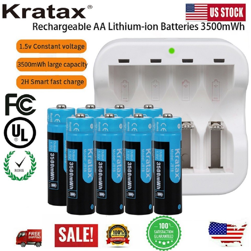 Batteries Rechargeables Kratax Li-Ion 1,5V AA/AAA - Lot Avec Chargeur USB