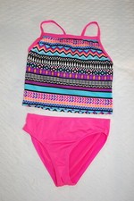 Girls Swimsuit 2 PC TANKINI SET Geometric Stripe PINK ORANGE PURPLE AQUA 4-5 XS