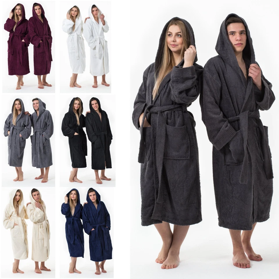 Kapuzen Bademantel Saunamantel Damen Herren Morgenmantel 100% Baumwolle S-XXXL