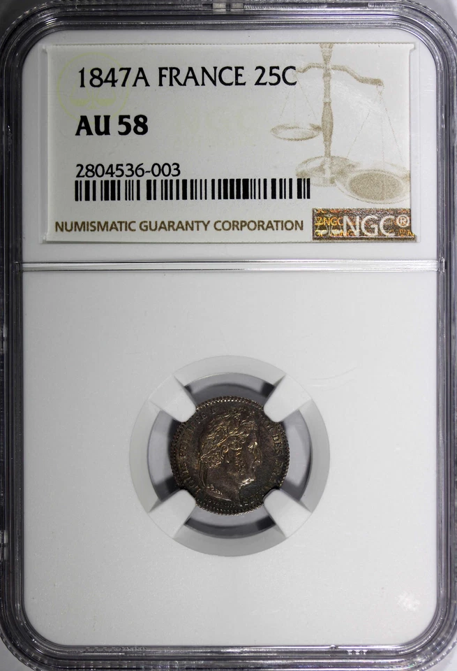 France Louis Philippe Silver 1847 A 25 Centimes NGC AU58 Nice Toned KM# 755.1(3) - Image 2 of 4