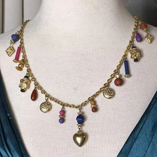 Vintage Long Gold Tone and Colorful Charm Pendant Necklace 29" (Fas-106)