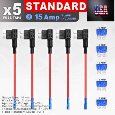 5PCS Standard Fuse Tap Dual Circuit Adapter 16 AWG Wire 12V 24V ATC/ATO Blade