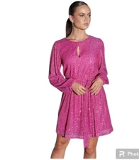LDT Irma Sequin Crew Keyhole Neck Long Sleeve Tie Cocktail A-Line fuchsia size 0