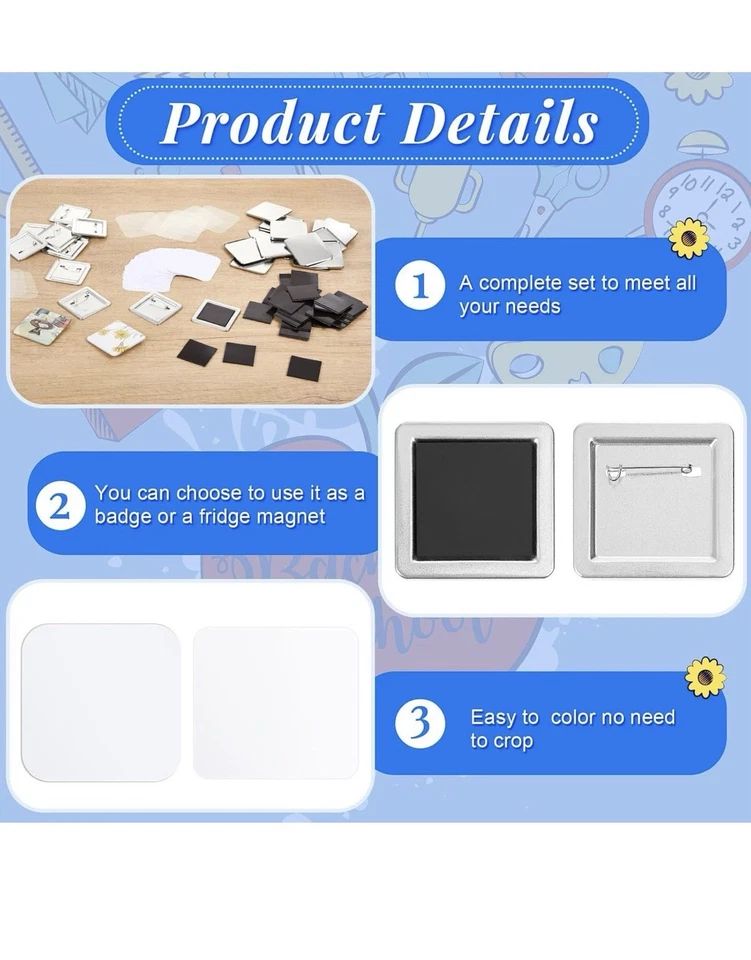 200 Sets 50mm/ 2 Inch Button Press Supplies Square Button Parts DIY Fridge - Image 2 of 4