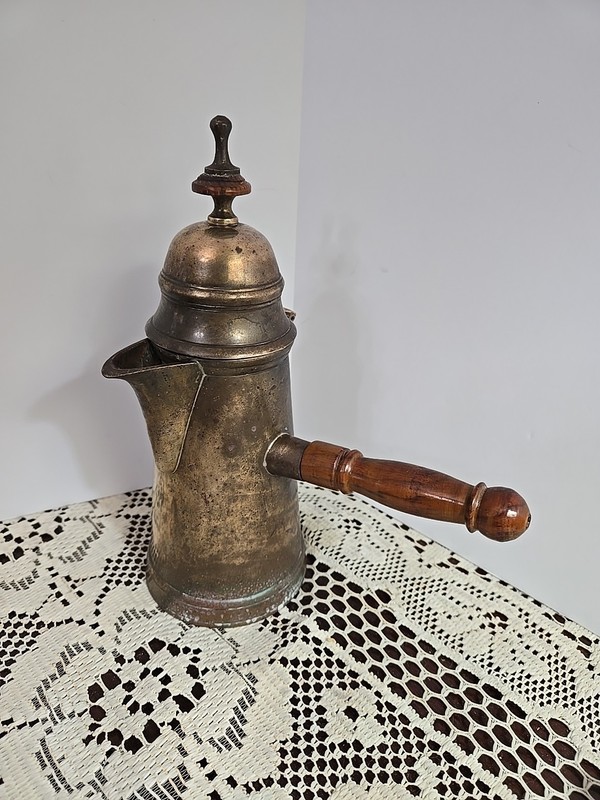 Indian Dallah Brass & Sterling Hinged Lid Wooden Handle 9.5” Coffee/Tea Pot 