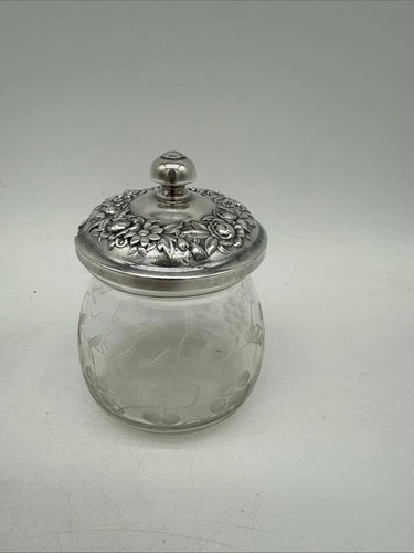 Vintage S Kirk & Son Repousse #20F Cut Glass Jam Jar Sterling Silver