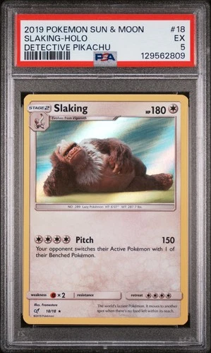 2019 POKEMON SUN & MOON DETECTIVE PIKACHU #18 SLAKING-HOLO PSA 5