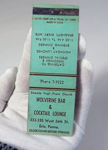 VTG Wolverine Bar & Cocktail Lounge 26th St Erie PA Frank Church Matchbook Cover
