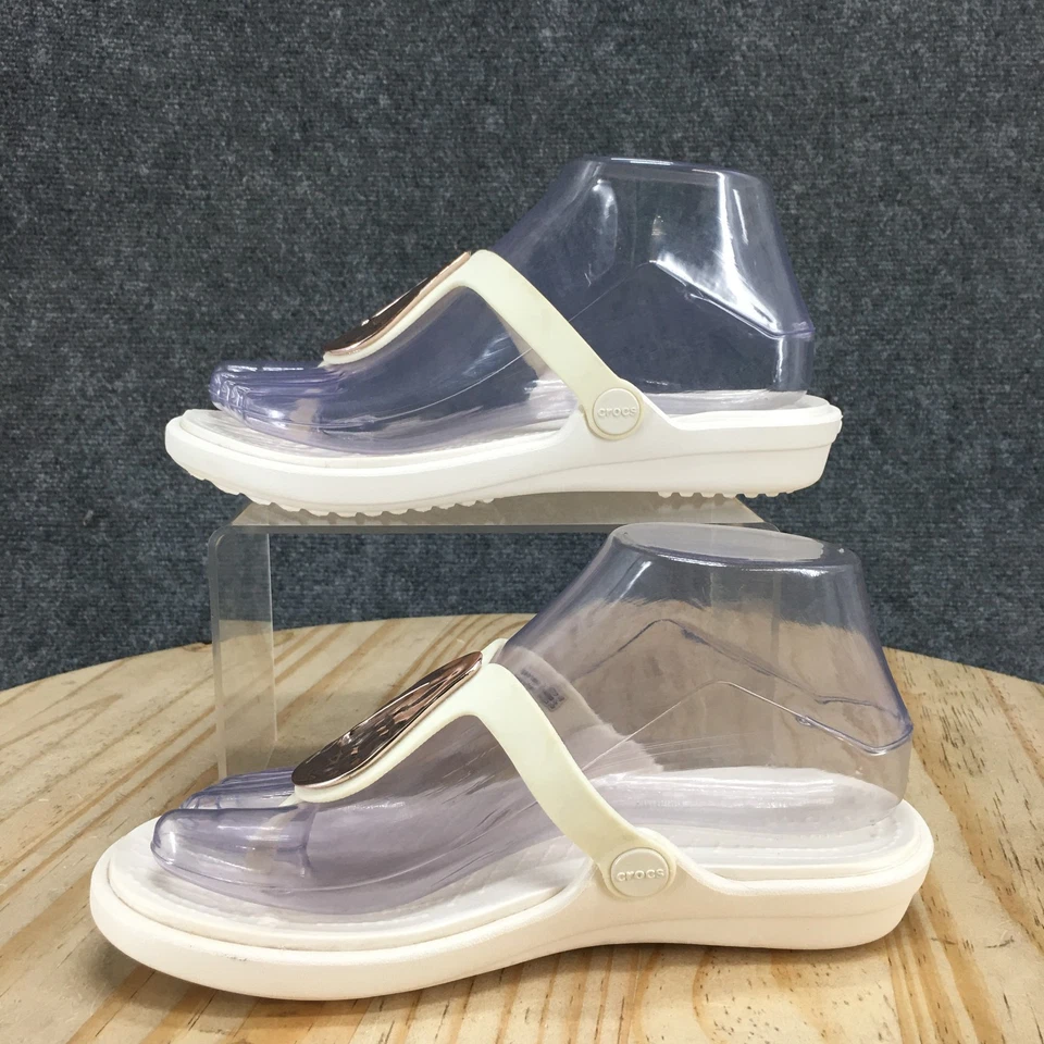 Sandalias Crocs para mujer 6 tangas blancas dobles cómodas sin cordones punta abierta informales planas Foto 2 de 4