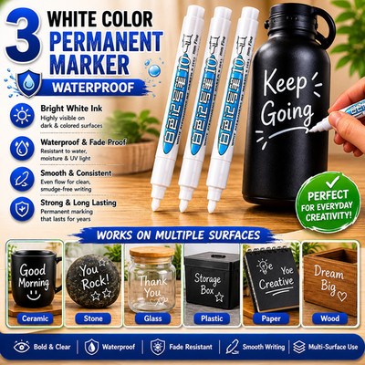 3 Stück Weiß Permanent Marker Stift Wasserdicht - Runde Spitze für Papier/Kunststoff