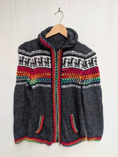 Peruvian Alpaca Wool Llama Hoodie Cardigan Sweater Rainbow Knit Crochet Size S/M - Picture 1 of 5