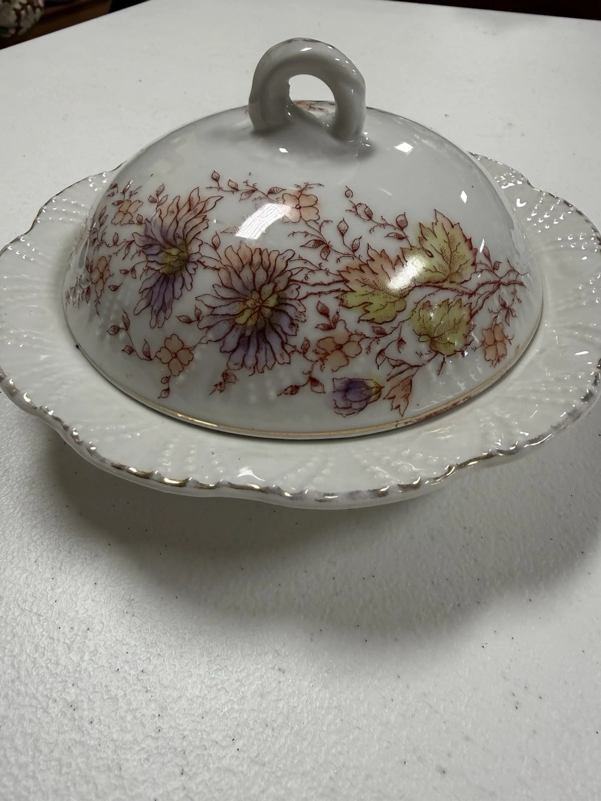 Vintage Floral Covered Butter Dish Porcelain China Silver Trim Cottagecore