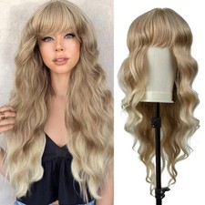 Blonde Wig With Bangs 26 Inch Long Curly Wavy Wig for Women Ombre Blonde Wigs...
