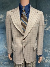 Vintage 1970s Plaid Brown Wide Lapel Polyester Sport Coat Blazer 42