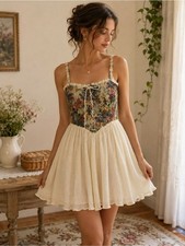 CIDER Floral Tapestry Corset Lace Up Babydoll Mini Dress Boho Cottagecore M