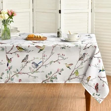  Spring Summer Tablecloth 60x84 Inch Rectangular, Birds Branch Floral Table 