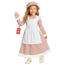 Kids Pilgrim Girl Costume Pink Frontier Prairie Pioneer Colonial Dress 3-12 Yrs