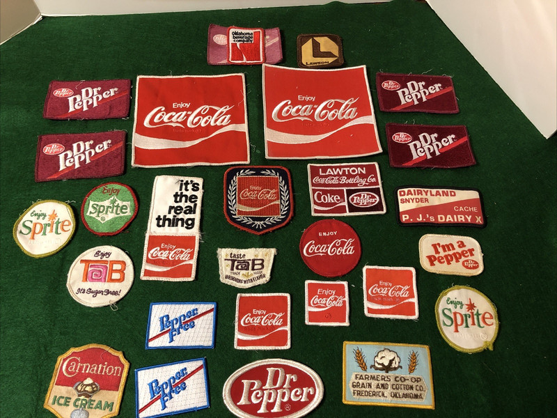 Lot of 26 VTG BEVERAGE Sew on Uniform Patches Coca Cola Tab Dr Pepper Carnation