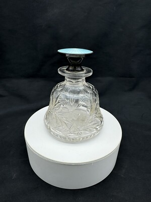 Antique Guilloche Enamel Sterling Silver Lid & Cut Glass Perfume Bottle