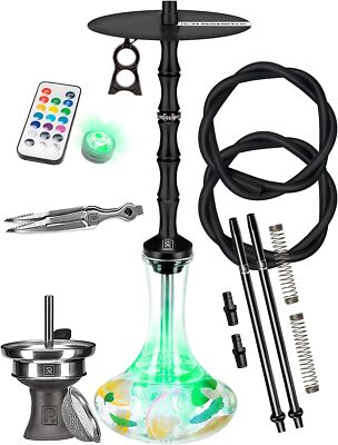Shisha Set Komplett Edelstahl  M. ROSENFELD 2 Schläuche 75 cm LED Licht schwarz