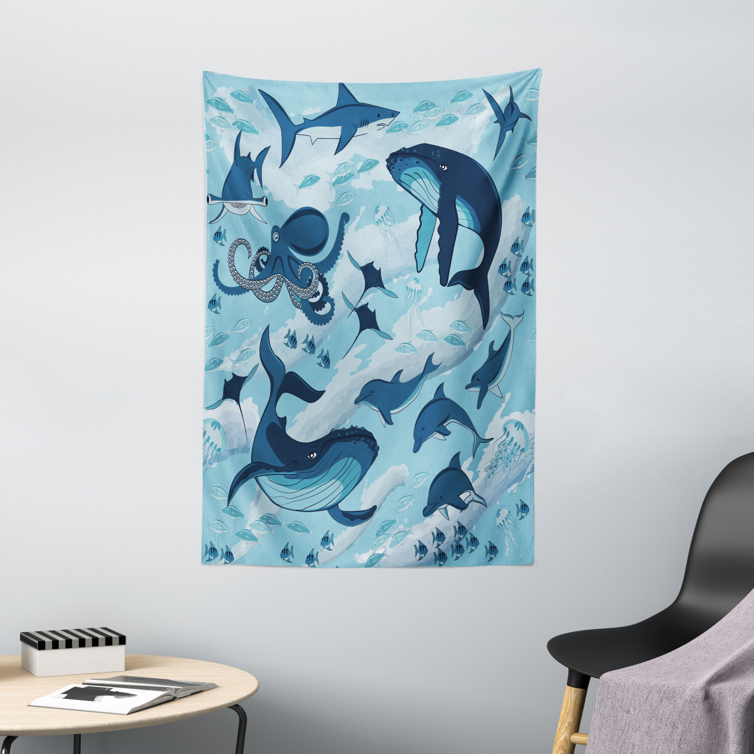 Blue Tapestry Dolphins Octopus Starfish Print Wall Hanging Decor