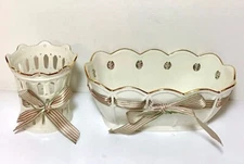 LENOX PIERCED GOLD RIM IVORY BOWL & VOITVE HOLDER, PINK & GREEN RIBBON, USA