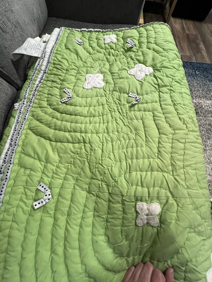 Pottery Barn Kids 2008 ярко-зеленое цветочное вышитое лоскутное одеяло в горошек редкое б/у - Изображение 2 из 4