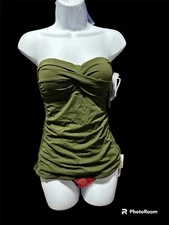 Anne Cole Solid Twist Front Shirred Bandeau Tankini Top Olive Size S top only