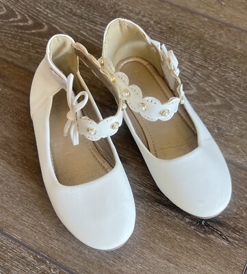 PANDANINJIA Girls Dress Shoes Flower Pearl Girl Flats Pearls Ballet Bow  size