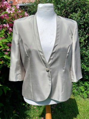 Occasion wear Designer Jacques Vert muted green glossy collarless jacket UK 12