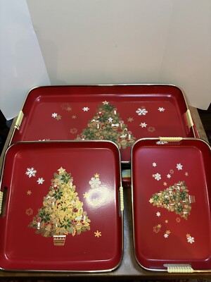 Vintage Artmark Red Lacquerware Tray Set 3PC Christmas Tree Snowflake NIB