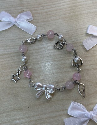 Pink Chunky Bow Charm Bracelet Pink Coquette Girl Expandable