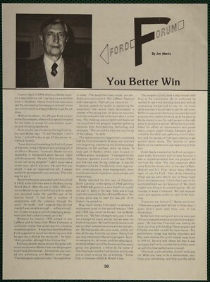 Leo Beebe Ford Racing Program LeMans Daytona Indy Vintage Pictorial Article 1985