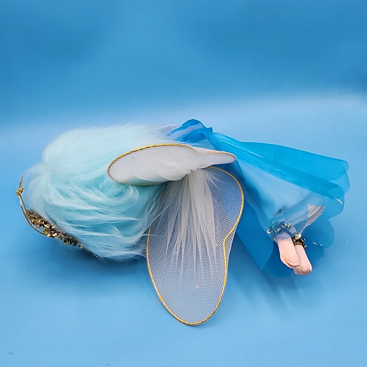 Vintage Blue Hair Angel Ornament Japan Tulle Wings Pixie Vintage Blue Hair Angel Ornament Japan Tulle Wings Pixie