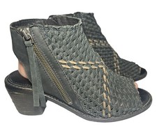 Sam Edelman 8.5 Cooper Braided Leather Black Taupe Woven Bootie Peep Toe Aztec