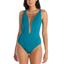 Bleu Rod Beattie One Piece Swimwear Kore High Neck Lace Down Lattice Swimsuit 6