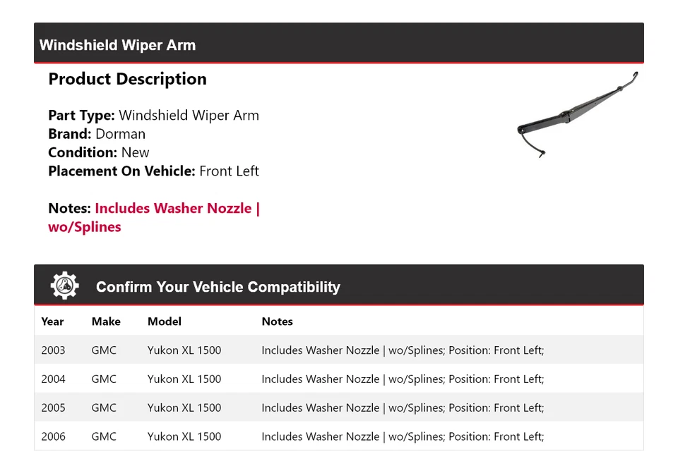 Brazo limpiaparabrisas delantero izquierdo para GMC Yukon XL 1500 2003-2006 Dorman 2004 2005 Foto 2 de 4