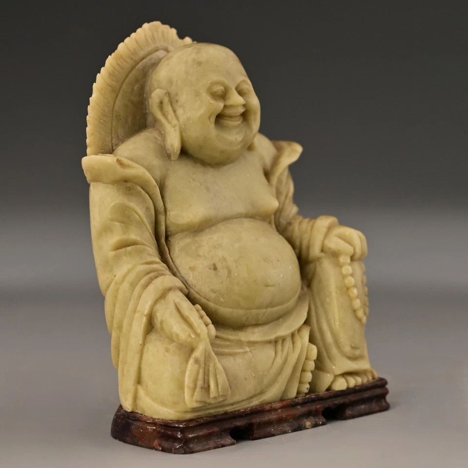 Chinese Antique Original Vintage Feng Shui Soapstone Jade Buddha Figurine Statue - Image 2 of 4