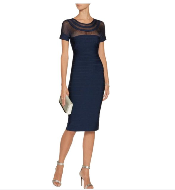NEW HERVE LEGER Tania Mesh-Insert Midi Dress in Navy Size L