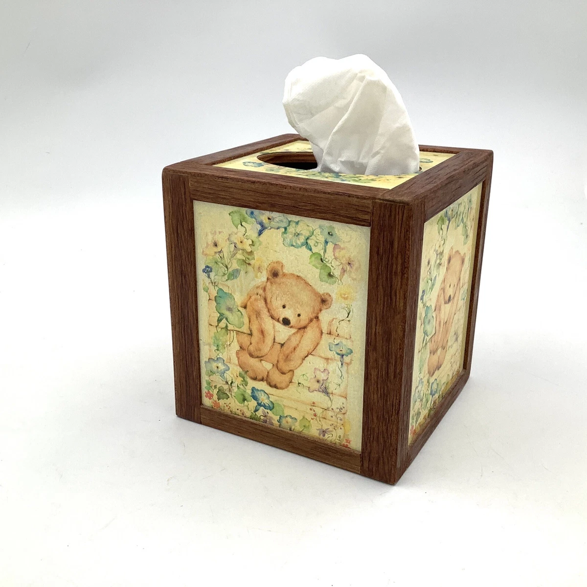 Vintage Wood Tissue Box Holder Teddy Bear Flowers Kids Room Decor