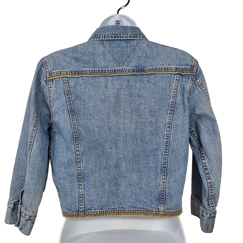 Y2K Jean Jacket Tommy Hilfiger Denim Med. Blue Cropped 3/4 Slv. Contrast Sz Med. - Picture 2 of 11