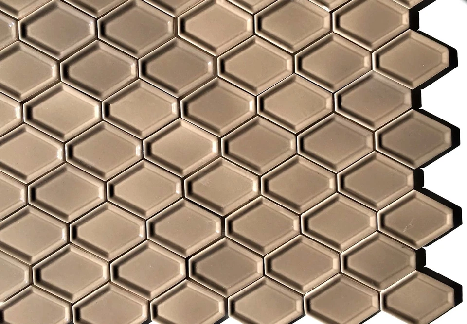 Concave Hexagon Taupe Soft Gray Oblong Ceramic Mosaic Tile Wall (BOX OF 10) - Image 3 of 4