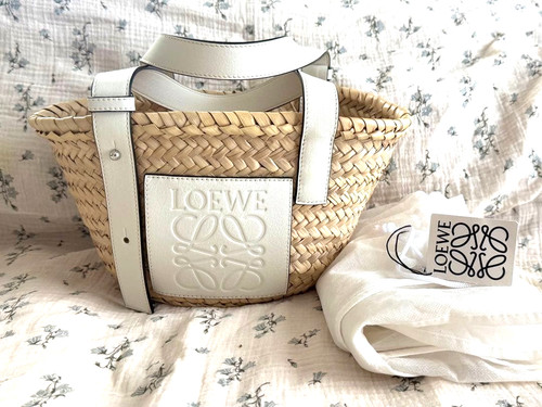 LOEWE Basket Bag Small A223S93X04 Palm Leaf Calfskin Natural White Anagram Tote