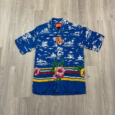 NWT Vintage Bugle Boy Hawaiian Shirt Men's Medium Blue Floral y2k 2000s Button