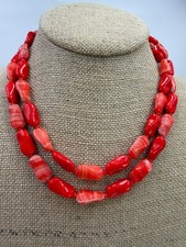Vintage Necklace Tomato Red Art Glass Bead Double Strand Hook Clasp