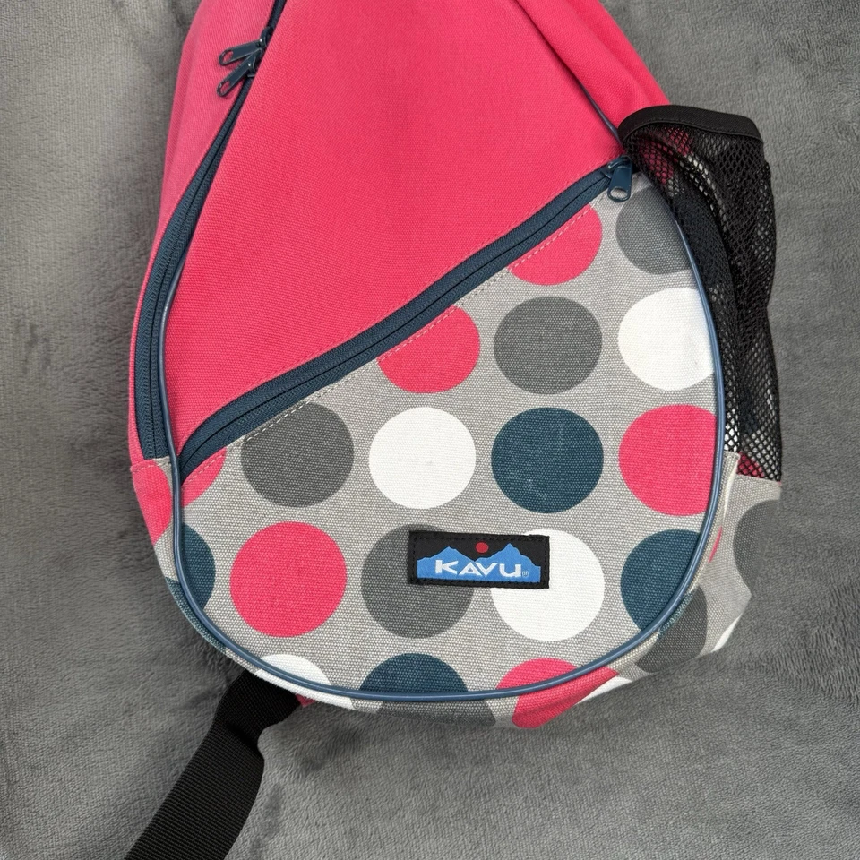 KAVU Rope Sling Bag Pink Polka Dot Canvas Crossbody Backpack 18x11 Travel Bag - Image 2 of 4