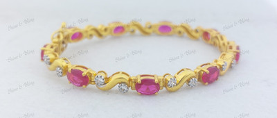 Simulated Oval Cut Ruby S-Shape Charm Tennis Bracelet 14k Yellow Gold Finish