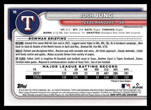 2024 Bowman #98 Josh Jung Texas Rangers Baseball Card - Picture 2 of 2