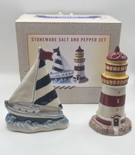 4" Ceramic Colorful Lighthouse and Sailboat Salt Pepper Shakers In Box